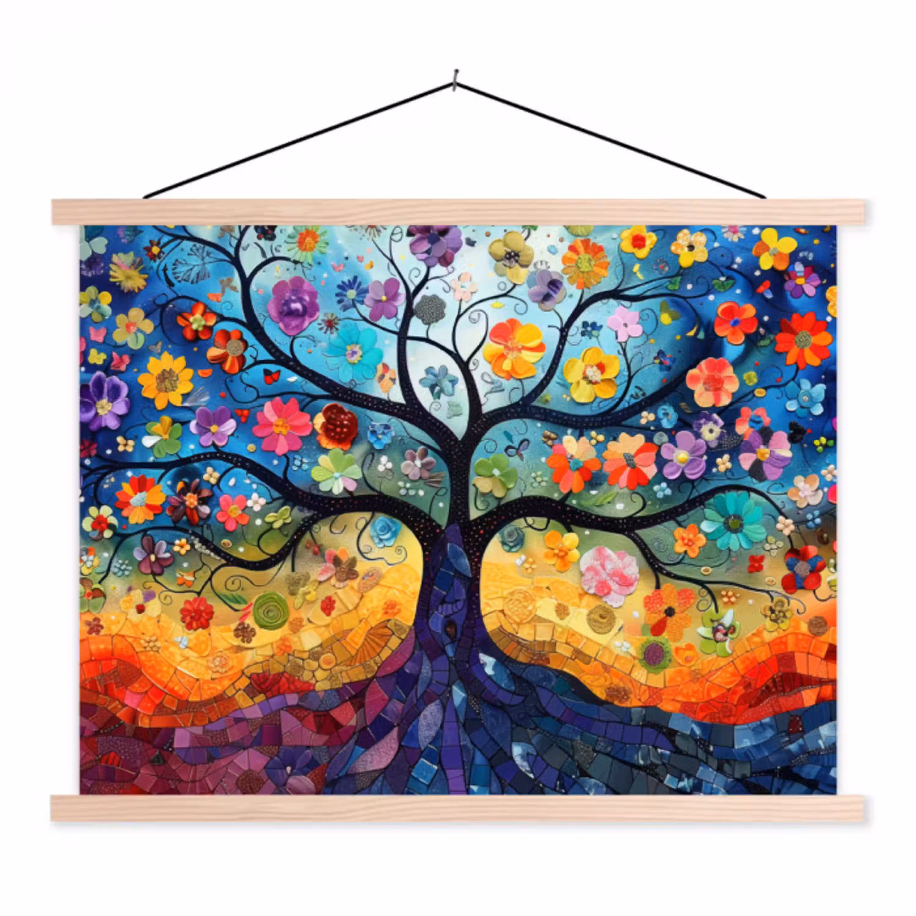 Kunst - Levensboom - Bloemen - Hippie textielposter latten blank klein -3d