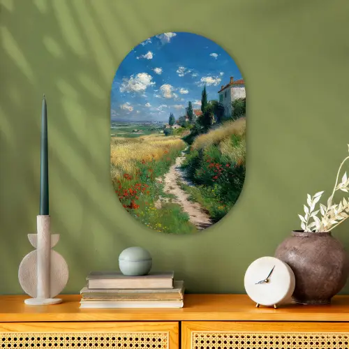Zandpad - Huis - Bomen - Grasveld Wandcirkel Ovaal Forex klein -sfeer2