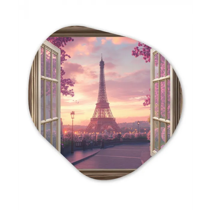 Doorkijk - Parijs - Eiffeltoren - Roze - Kersenbloesem Wandcirkel Organisch Aluminium middel -3d