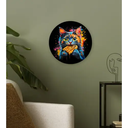 Kat - Graffiti - Kleurrijk - Wafel - Eten Wandcirkel kunststof plaat 5mm dik klein -sfeer3