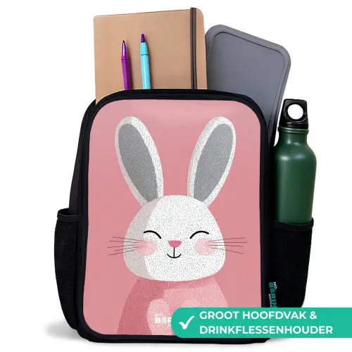 Roze - Konijn - Glimlach - Illustratie Rugzak - Zwart middel -inhoud_NL