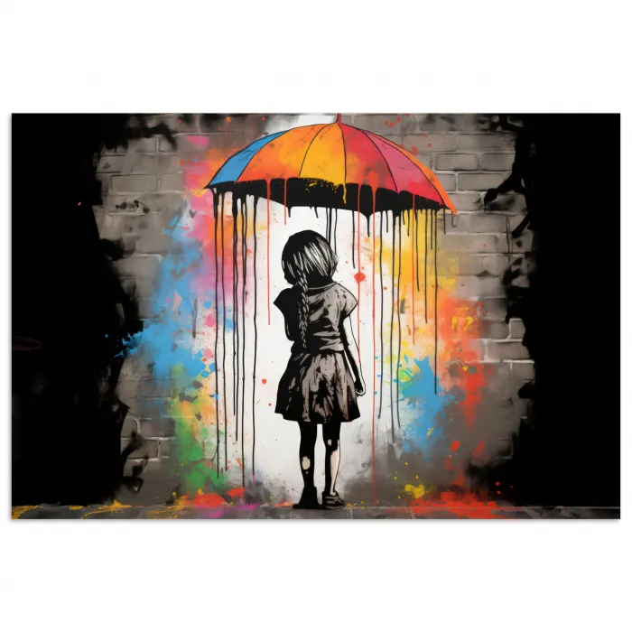 Meisje - Kunst - Paraplu - Graffiti - Kleuren - Muur poster papier klein -3d