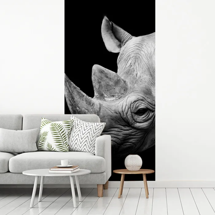 Dieren - Neushoorn - Zwart - Wit - Portret fotobehang vinyl groot -woonkamer