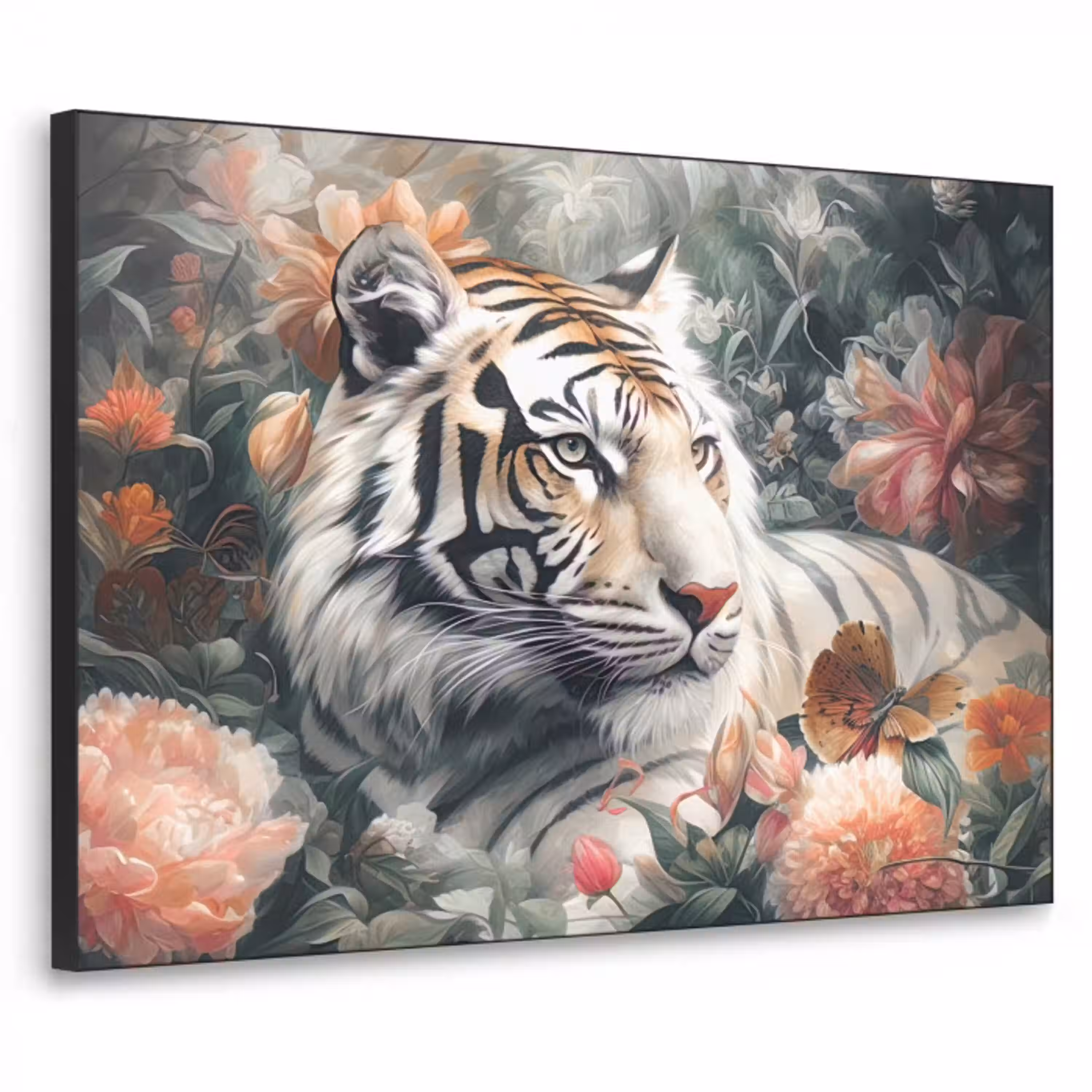 Tijger - Wilde dieren - Bloemen - Jungle Textielframe zwart klein -3d