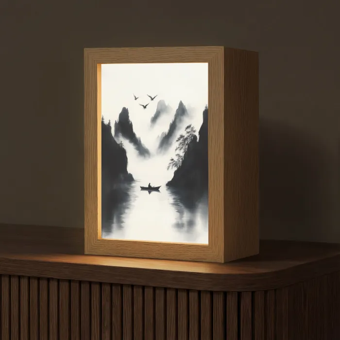 Roeiboot - Mistig - Bergen - Vogels Light Box met kabel (Tafellamp) klein -z3d_website