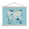 Wereldkaart - Zeeleven - Blauw textielposter latten blank klein -3d