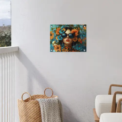 Vrouw - Bloemen - Oranje - Blauw - Modern tuinposter los doek klein -sfeer8