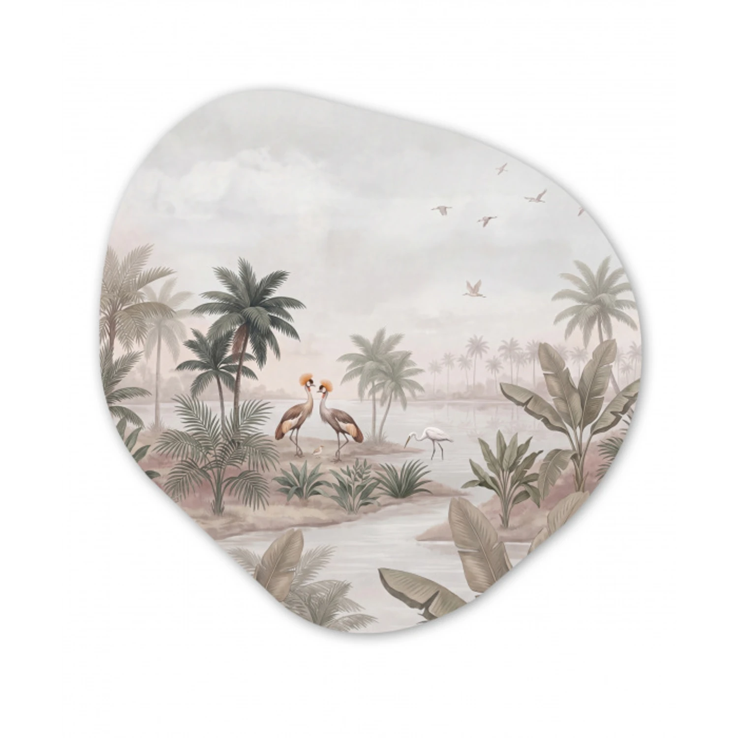 Kraanvogels - Palmbomen - Tropisch Wandcirkel Organisch Aluminium middel -3d