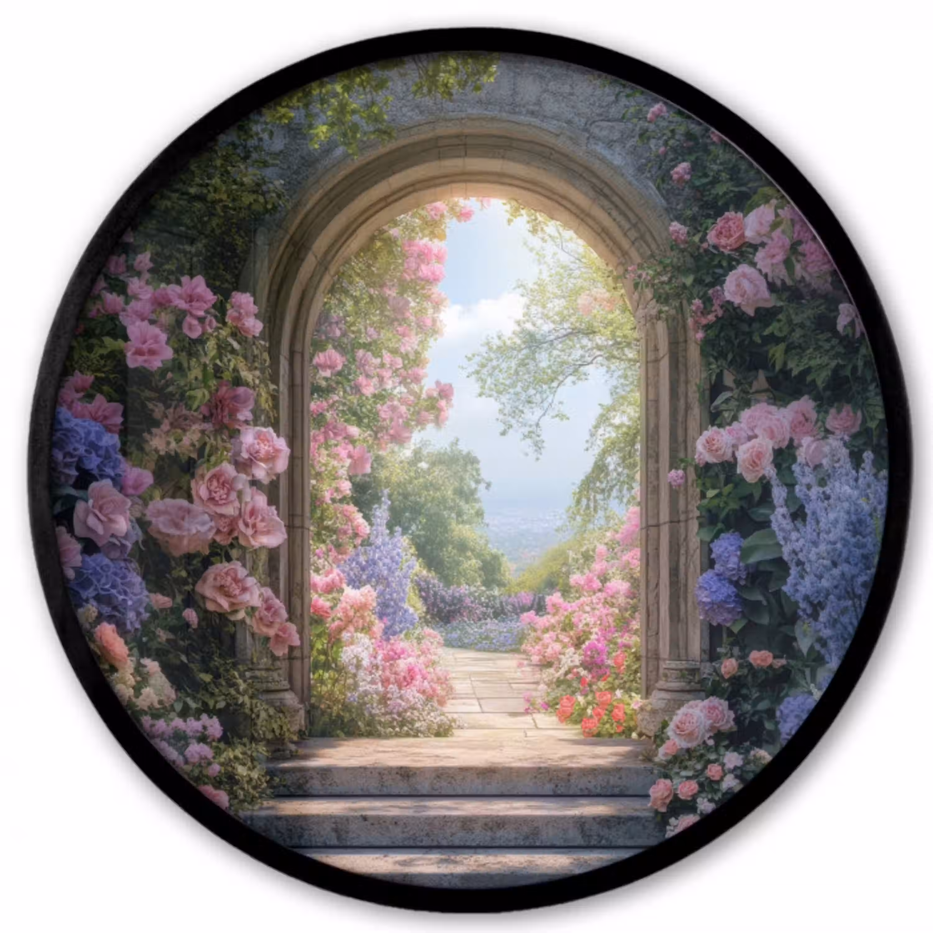 Doorkijk - Rozen - Vintage - Bloemen Fotolijst rond zonder passe partout klein -3d