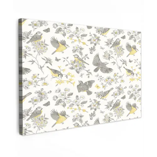 Birds - Flowers - Gray - Yellow Tuinposter op houten frame 2 cm dik klein 845 -3d