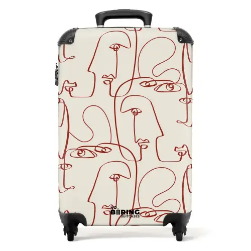 Gezichten in donkerrode lijn op beige achtergrond NBS - Handbagage koffer - Volwassenen Unisex middel -productfoto_recht