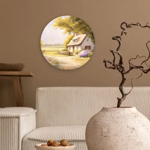 Huisje - Hout - Bloemen Wandcirkel kunststof plaat 5mm dik klein -sfeer1