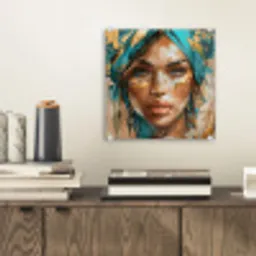 Vrouw - Portret - Goud - Luxe - Blauw plexiglas 5mm klein -sfeer1