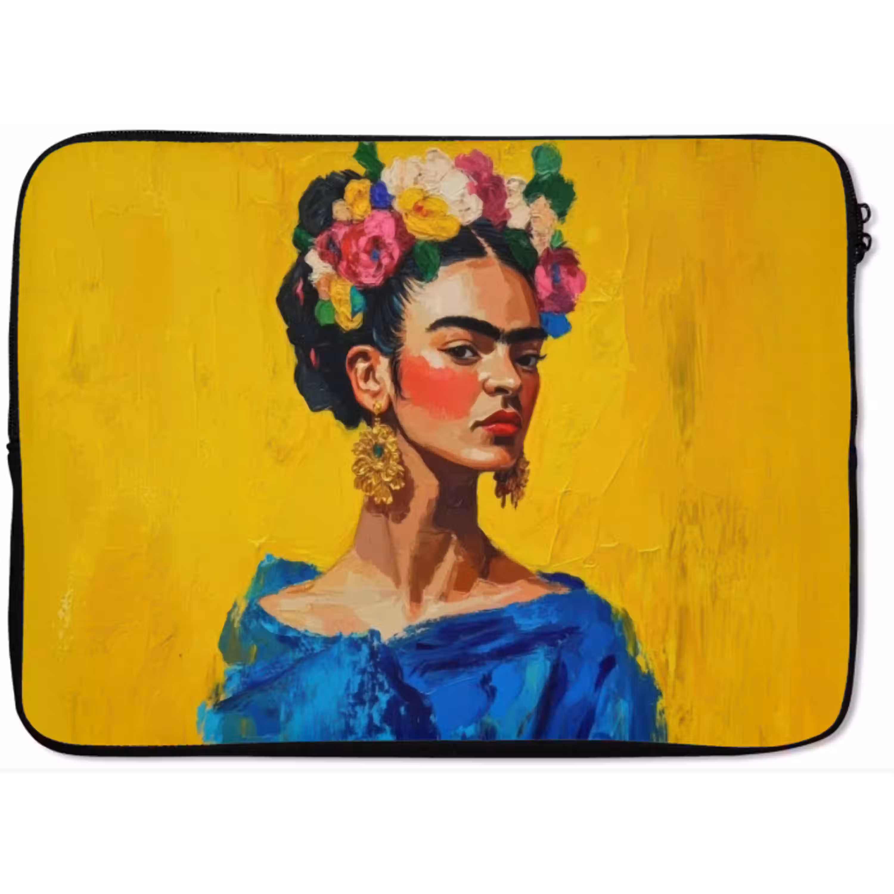 Frida Kahlo - Vrouw - Geel - Blauw - Bloemen laptophoes neopreen klein -zkaufland3dotto