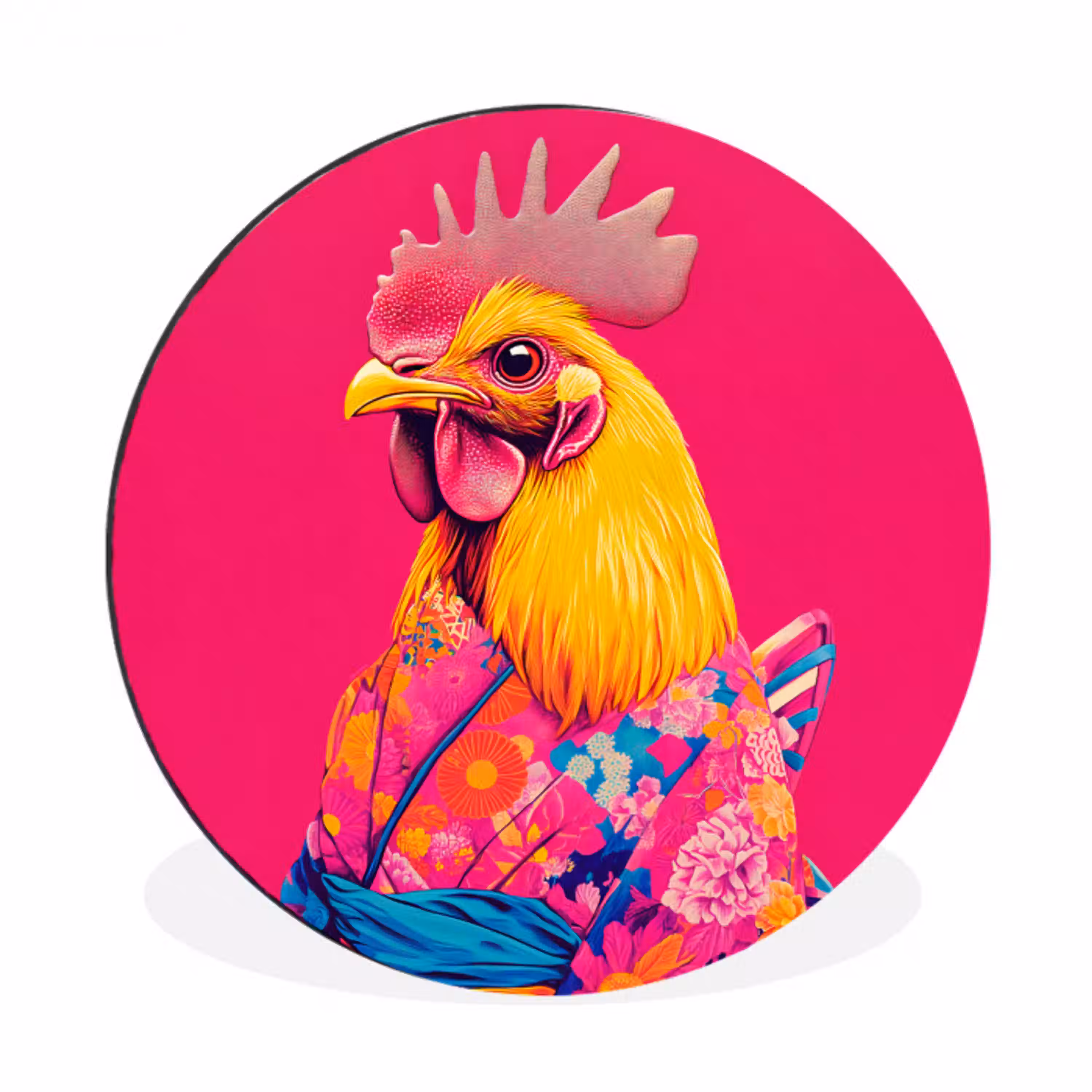 Haan - Kleurrijk - Kimono - Roze Wandcirkel aluminium klein -3d