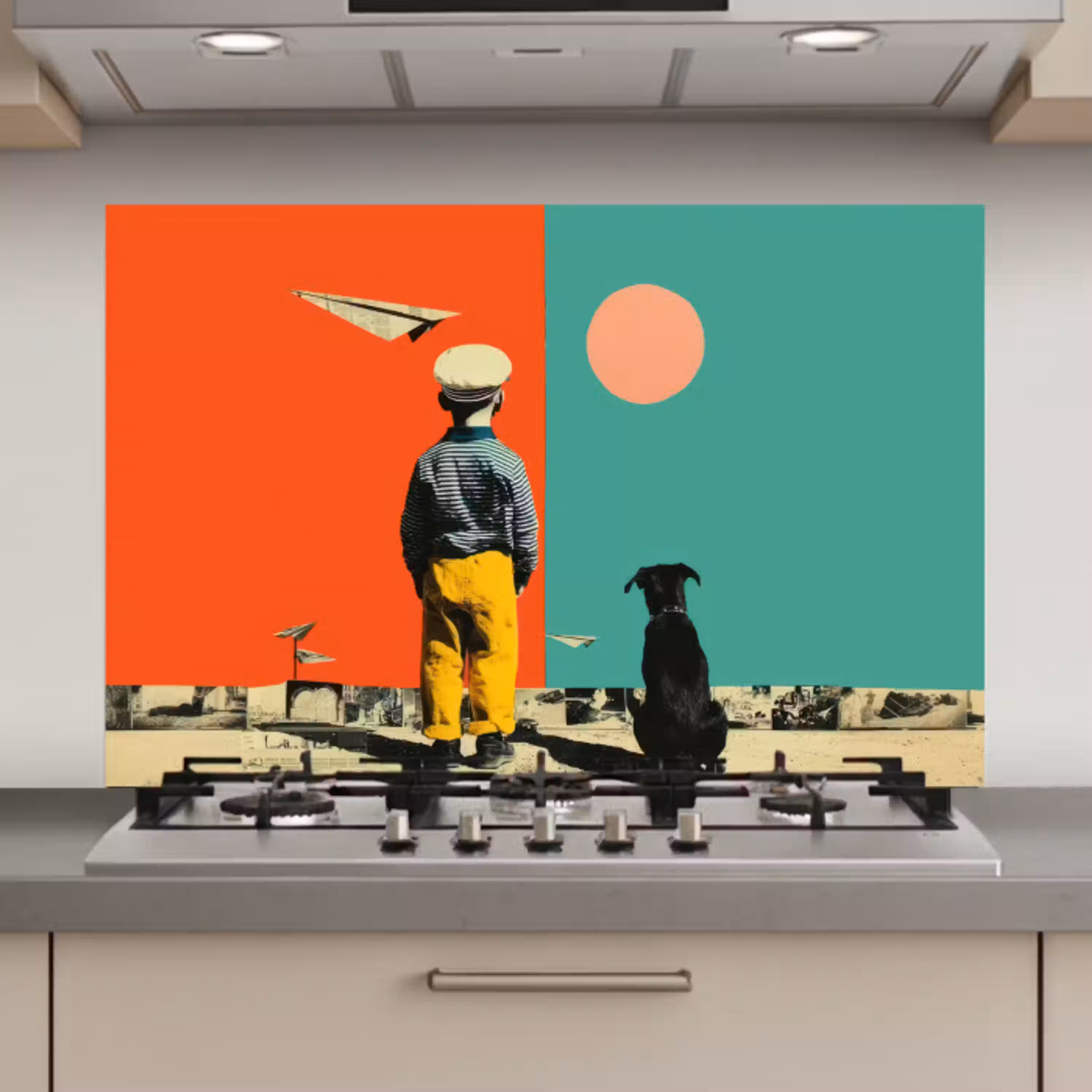 Retro - Jongen - Hond - Rood - Groen keuken achterwand spatscherm klein -3d_website
