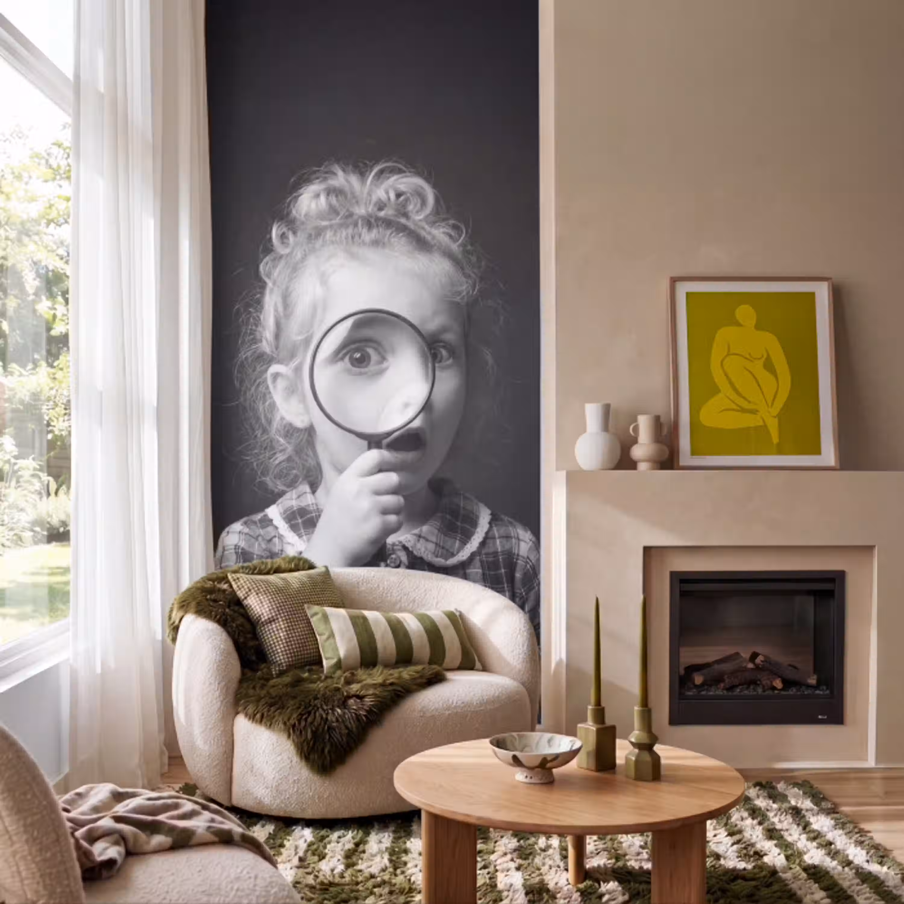 Kind - Vergrootglas - Portret - Zwart-wit Behang Vlies klein -sfeer2