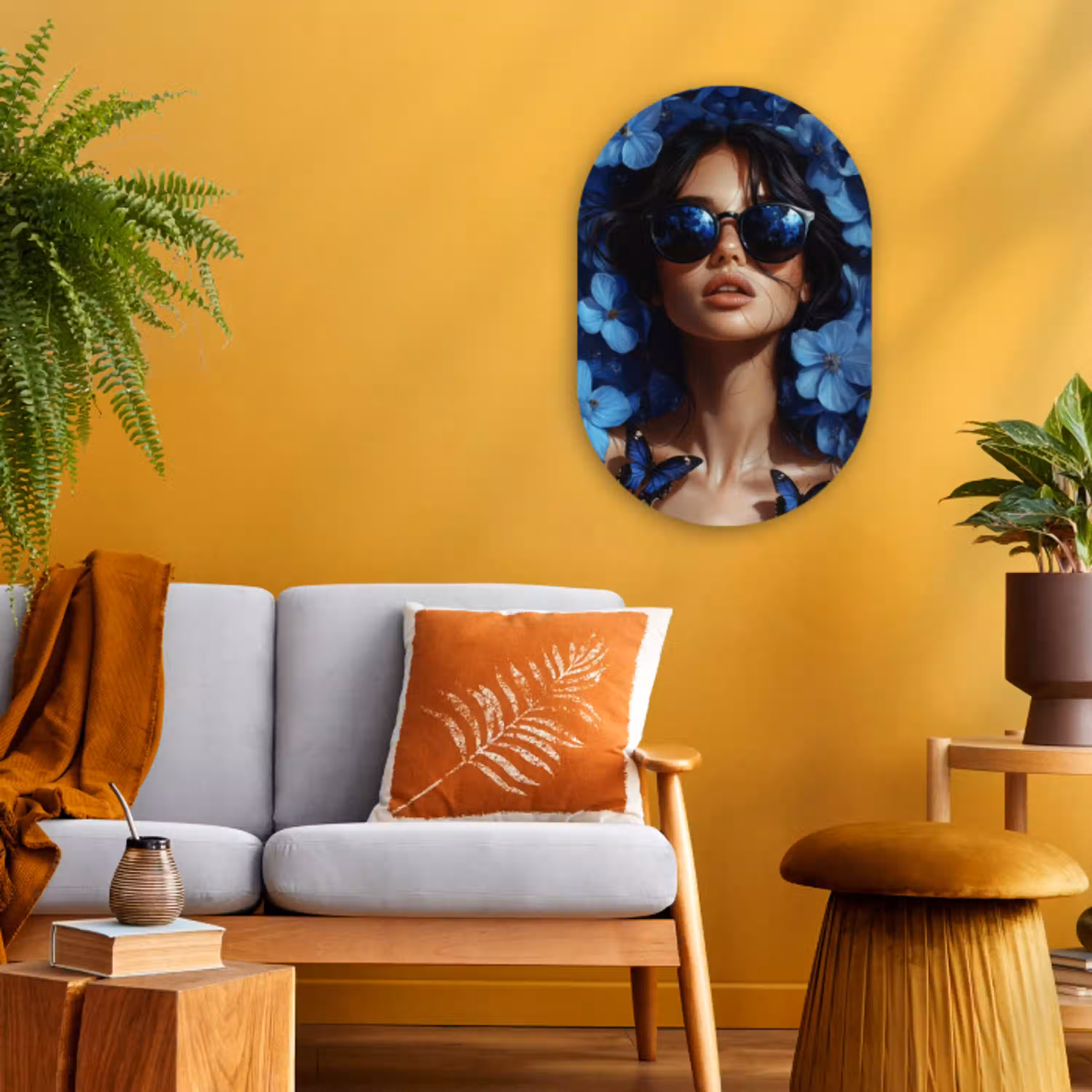 Vrouw - Blauw - Bloemen - Vlinders - Natuur Wandcirkel Ovaal Forex klein -sfeer4