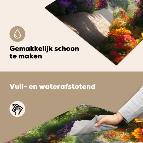 Doorkijk - Pad - Bloemen - Struik - Kleurrijk Inductie beschemer met haakjes middel -ky-schoon-nl