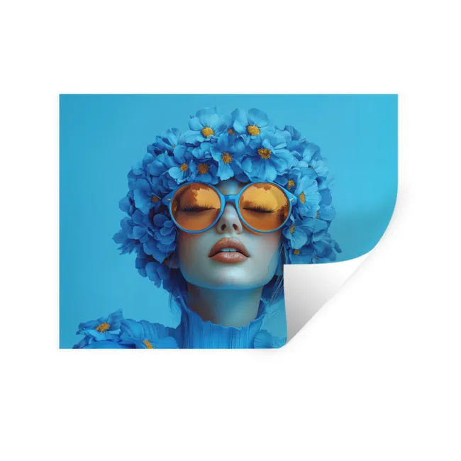 Muursticker - Vrouw - Bloem - Blauw - Modern - Bril - Portret
