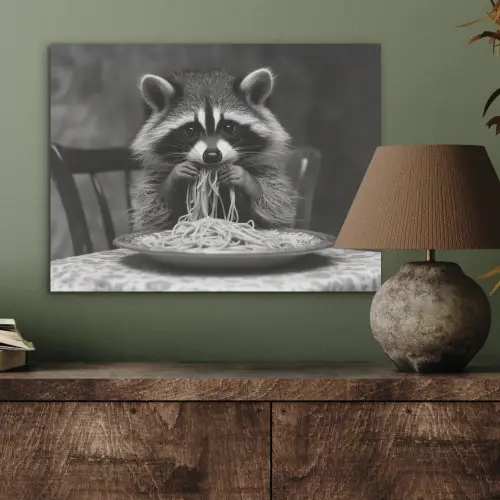 Wasbeer - Cute - Pasta - Tafelkleed - Zwart - Wit PET vilt klein -sfeer2