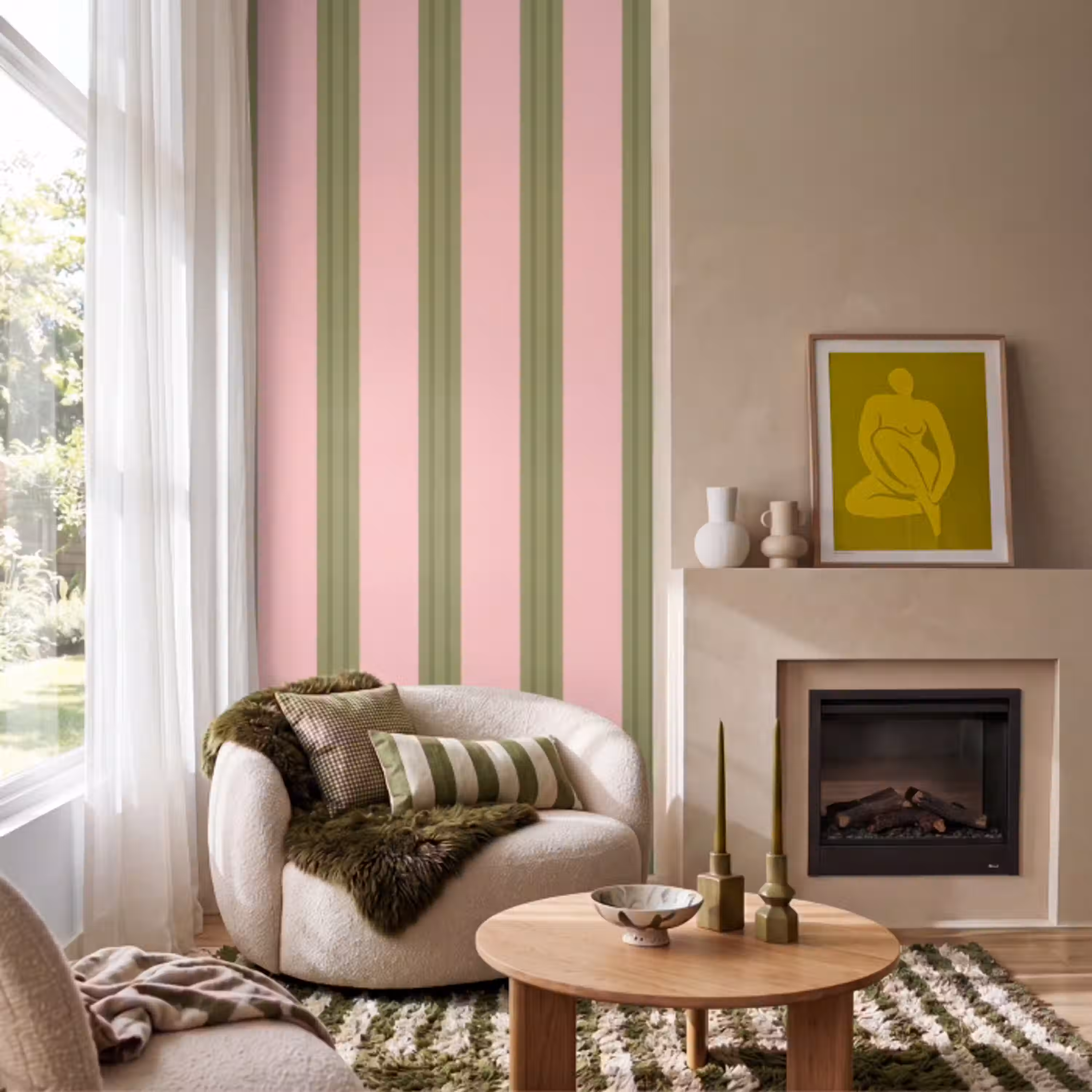Patroon - Strepen - Abstract - Roze - Groen Behang Vlies klein -sfeer2