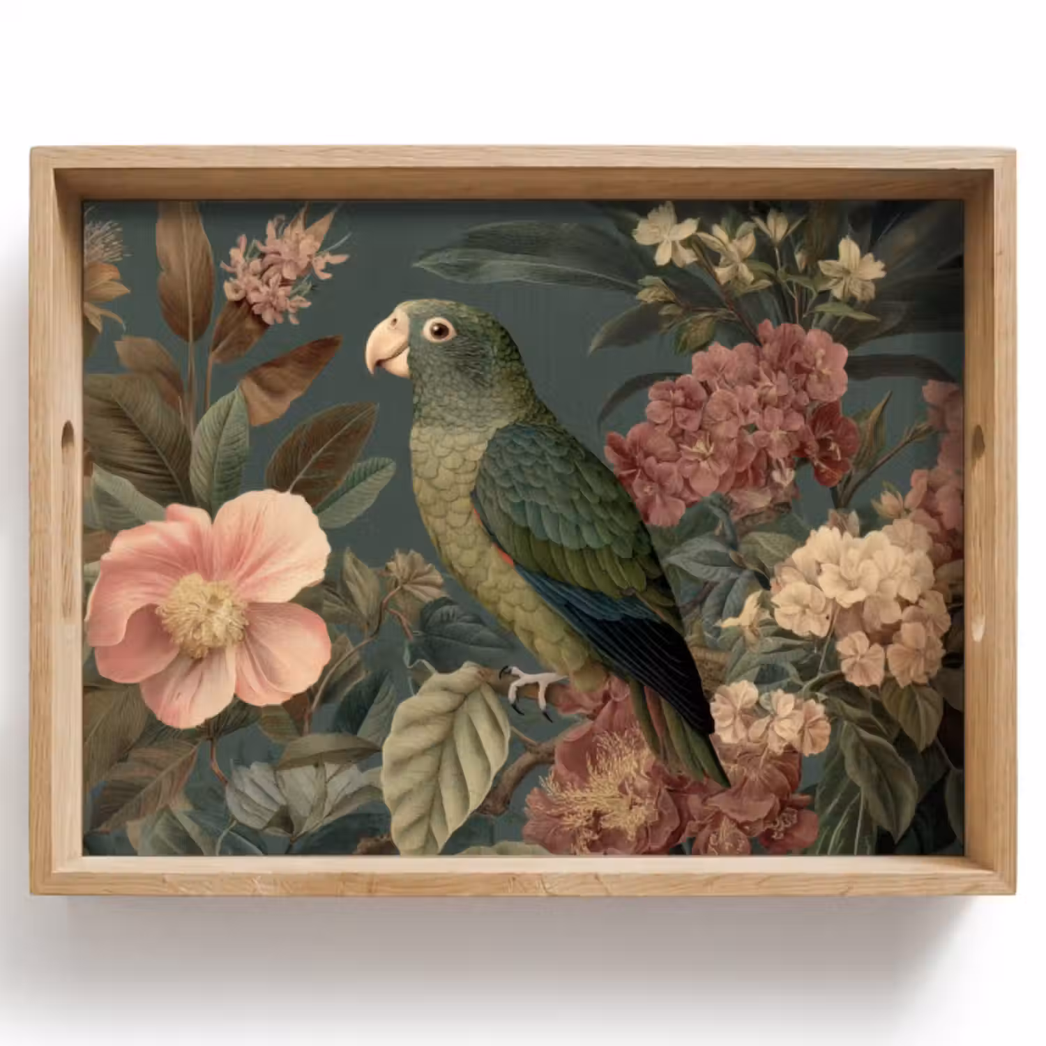 Dienblad - Groene papegaai - Kleurrijke bloemen - Donkere achtergrond