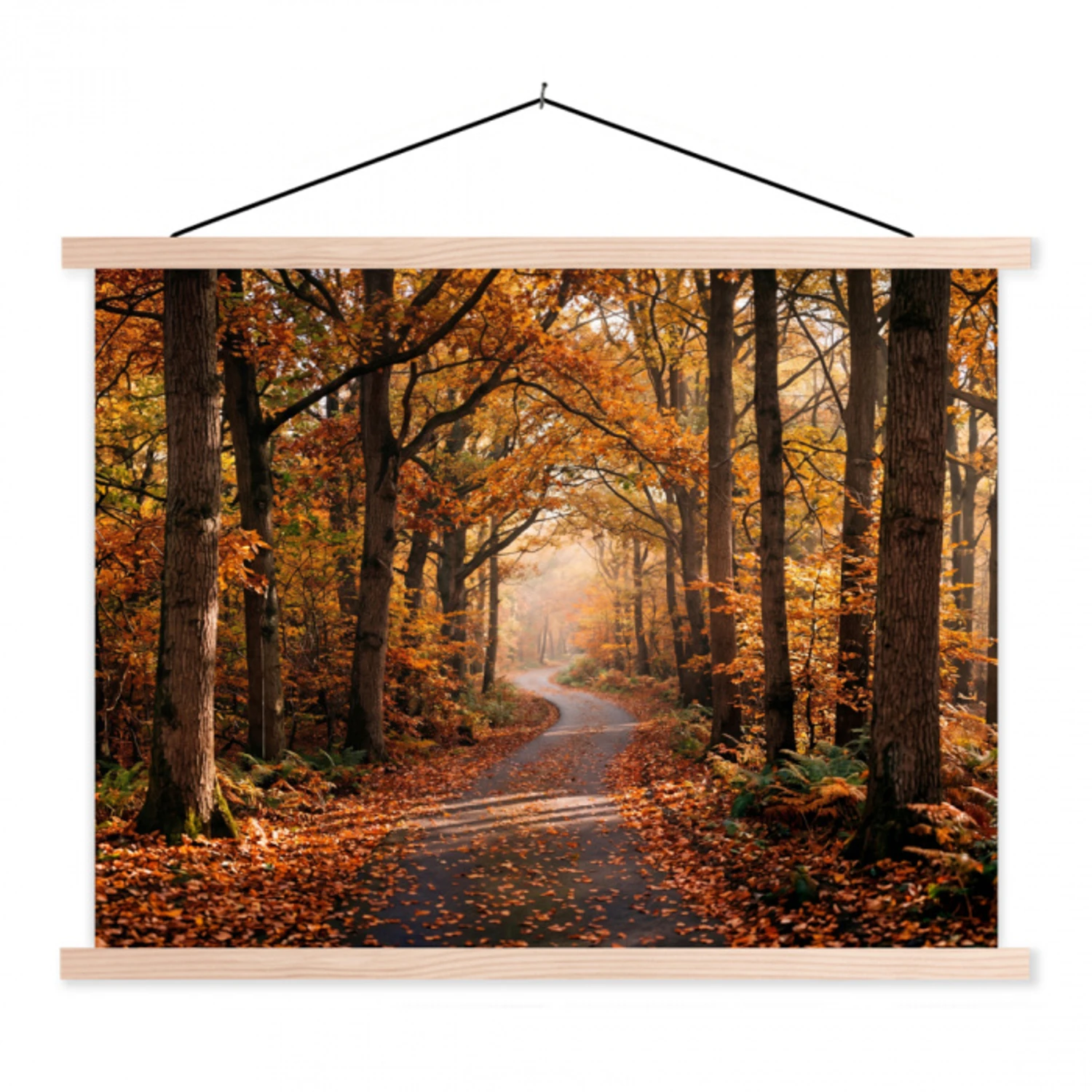 Bospad - Herfstbos - Bladeren - Oranje - Nostalgisch textielposter latten blank klein -3d