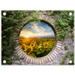Ronde poort naar zonnebloemveld tuinposter los doek klein -3d