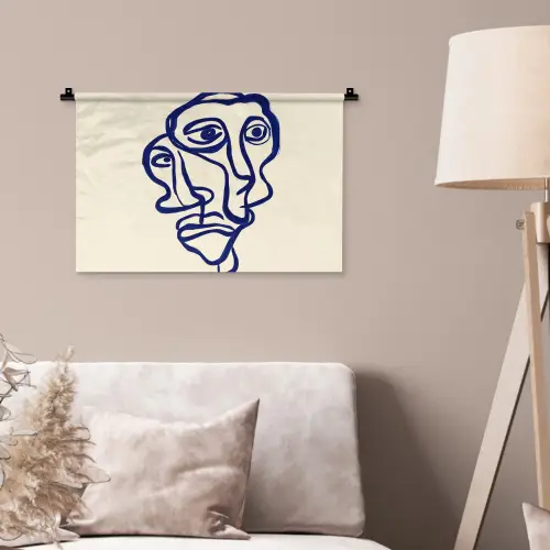 Lijntekening - Overlappende gezichten - Donkerblauw Wandkleed katoen klein -sfeer4