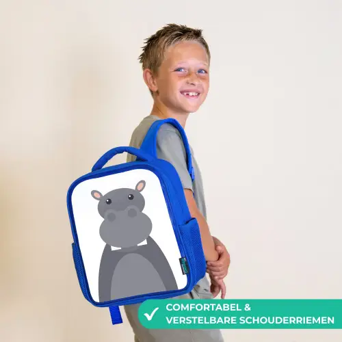 Dierenportret - Nijlpaard - grijs Kinderrugzak - Blauw middel -sfeer3_NL