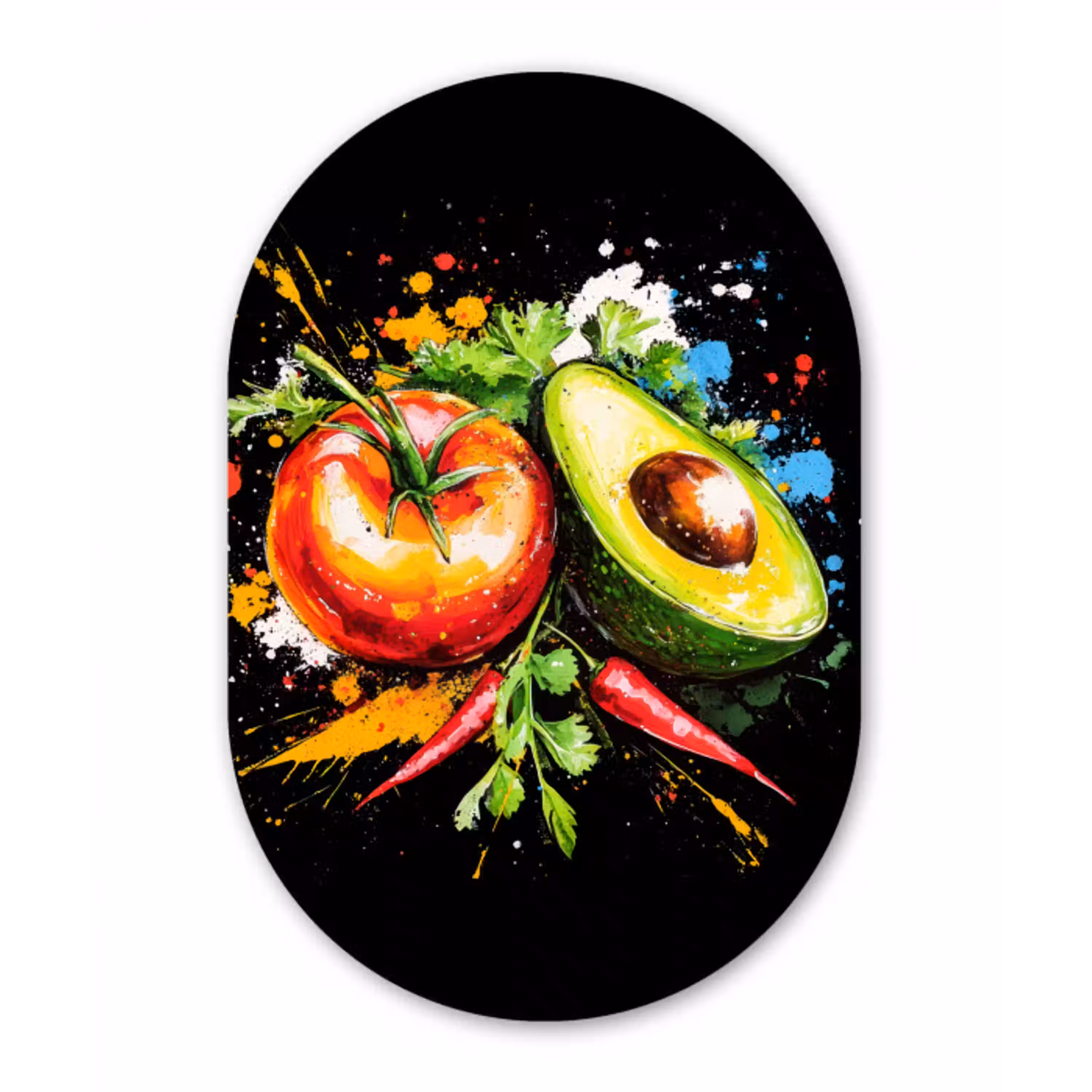 Tomaat - Avocado - Peper - Graffiti - Verf - Modern Wandcirkel Ovaal Aluminium middel -3d
