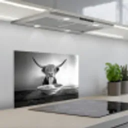 Schotse Hooglander - Spaghetti - Dieren - Zwart wit keuken achterwand spatscherm klein -3d_schuin