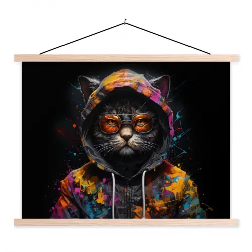Kat - Jas - Graffiti - Bril - Zwart textielposter latten blank klein -3d