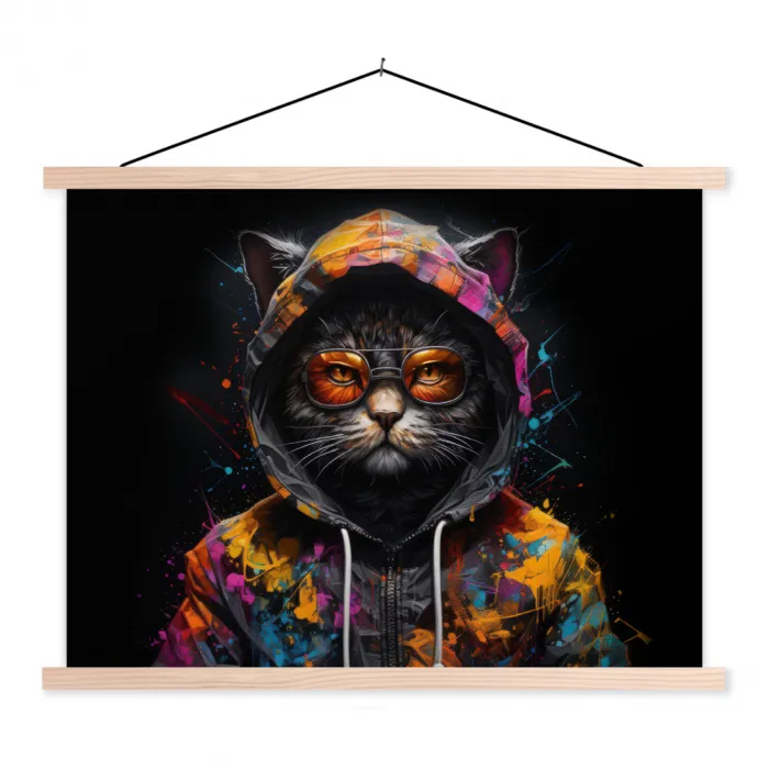 Kat - Jas - Graffiti - Bril - Zwart textielposter latten blank klein -3d