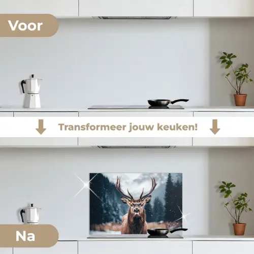 Hert - Dieren - Landschap - Winter - Sneeuw keuken achterwand spatscherm klein -voor_na_NL