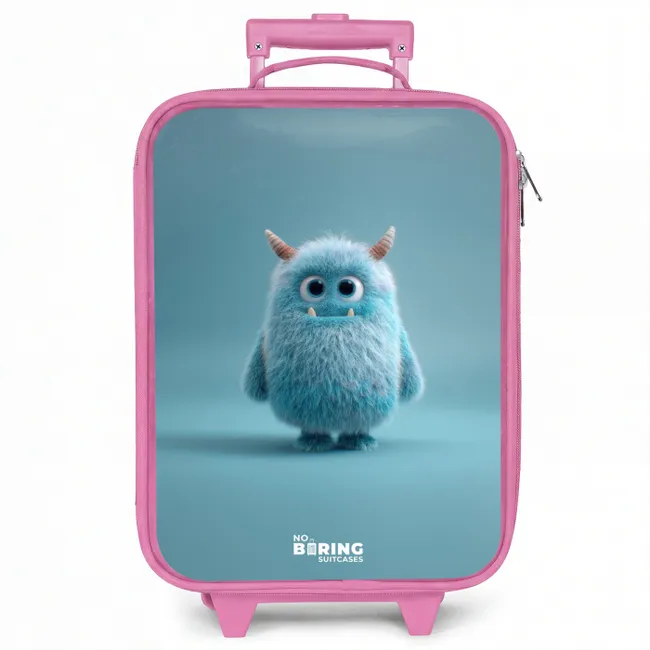 Kinderkoffer roze - Blauw pluizig monster met hoorns