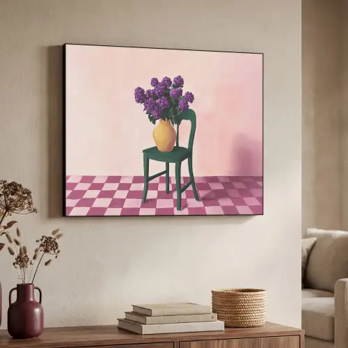 Stoel - Vaas - Bloemen - Geblokt Textielframe zwart klein -sfeer3