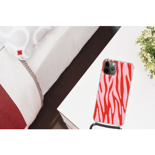 Zebraprint - Roze - Rood - Dierenprint Hoesje iPhone 12 Pro met koord klein -kamer