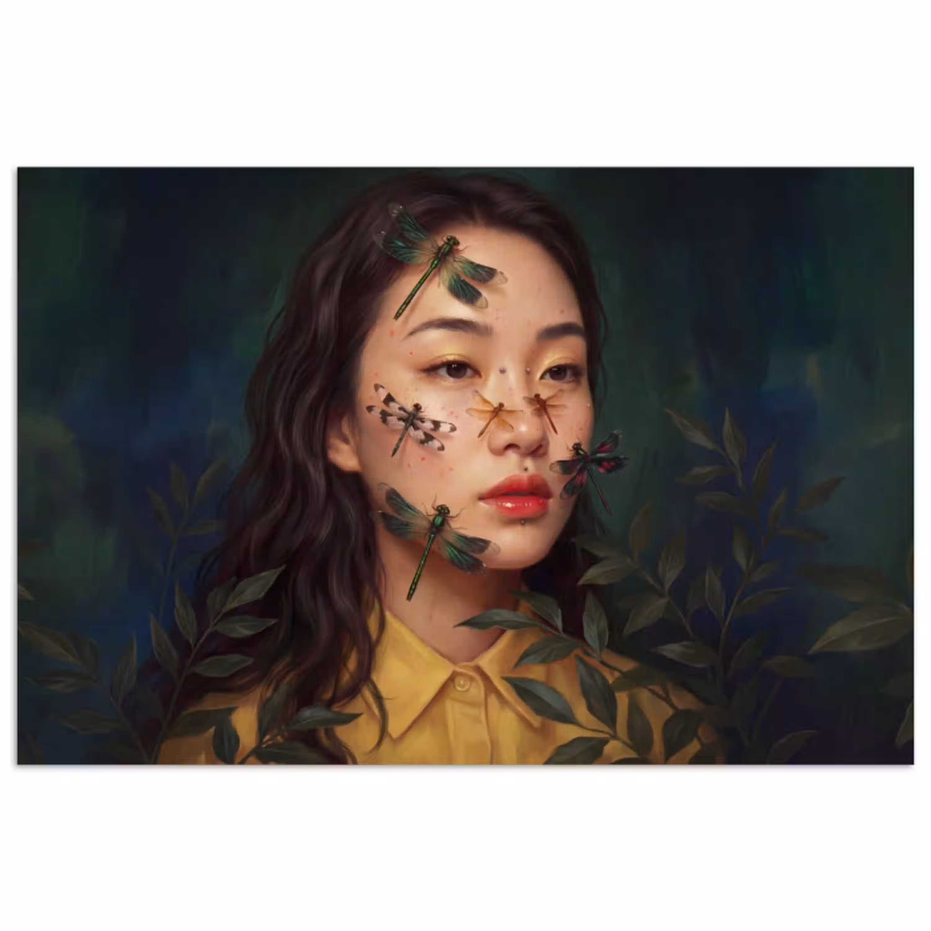 Vrouw - Insecten - Natuur - Portret - Groen poster papier klein -3d
