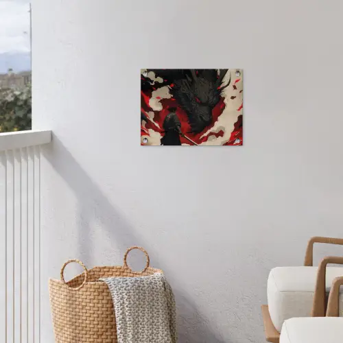 Krijger - Draak - Zwart - Rood - Rook tuinposter los doek klein -sfeer8