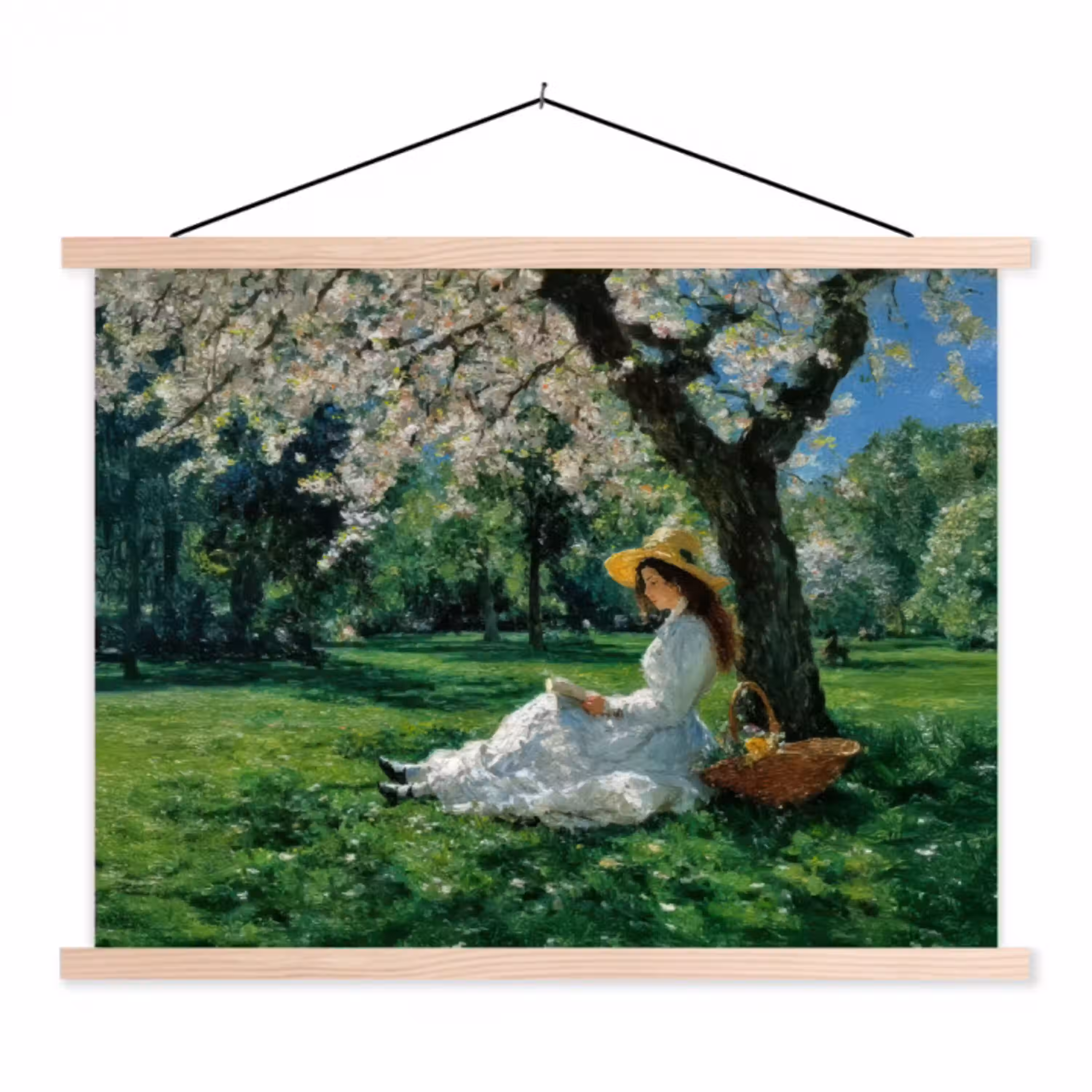 Vrouw - Boom - Boek - Mandje textielposter latten blank klein -3d