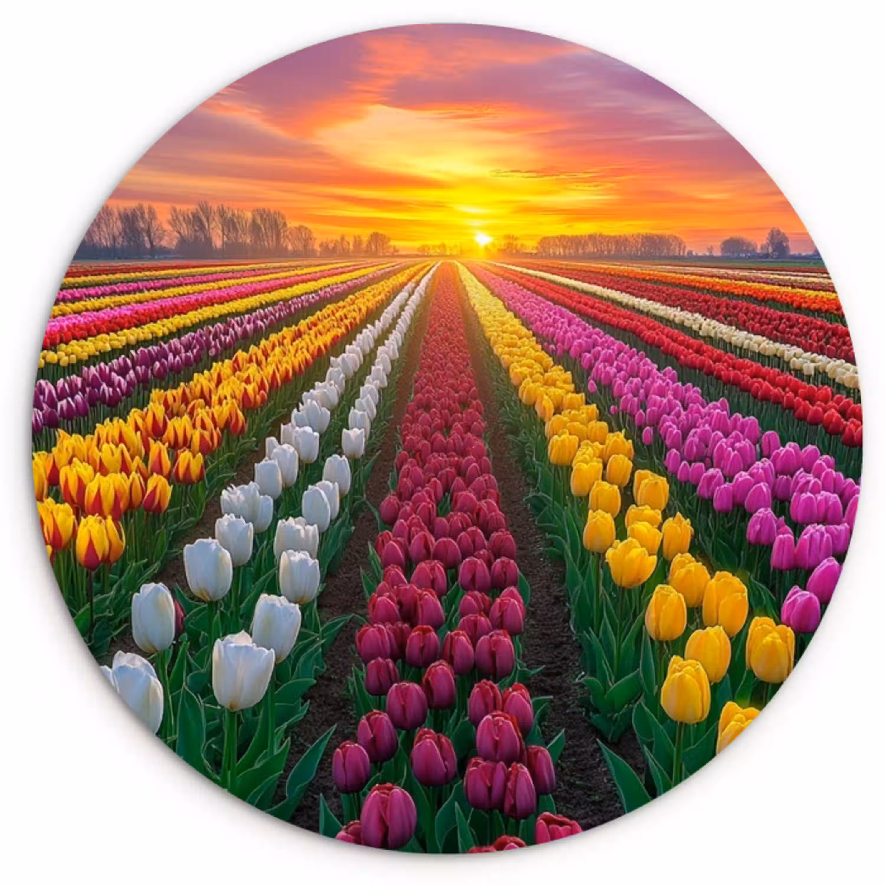 Tulpenveld - Zonsondergang - Kleurrijk Wandcirkel kunststof plaat 5mm dik klein -3d