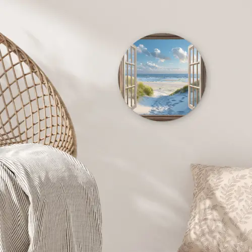 Doorkijk - Strand - Raam - Duinen - Zee Wandcirkel kunststof plaat 5mm dik klein -sfeer5