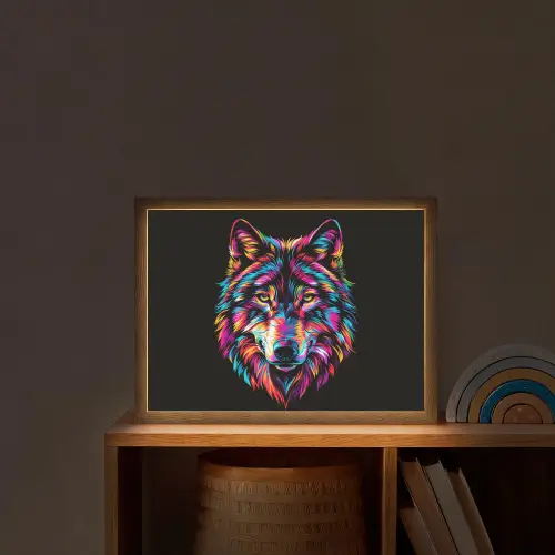 Wolf - Kleurrijk - Zwart - Dieren - Neon Light Box met batterij (Wandlamp kind) middel -sfeer1_kind