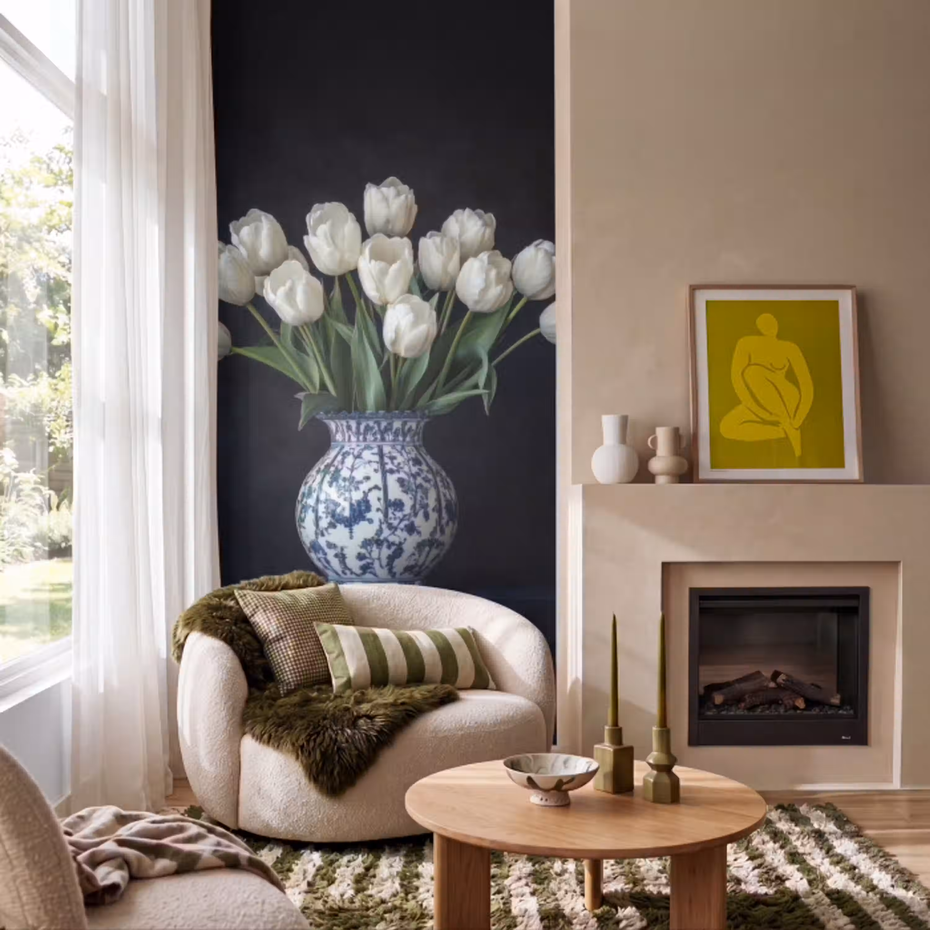 Wit - Bloemen - Tulpen - Vaas Behang Vlies klein -sfeer2