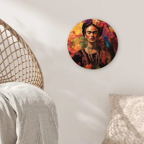 Vrouw - Bloemen - Papegaai - Schilderachtig Wandcirkel kunststof plaat 5mm dik klein -sfeer5