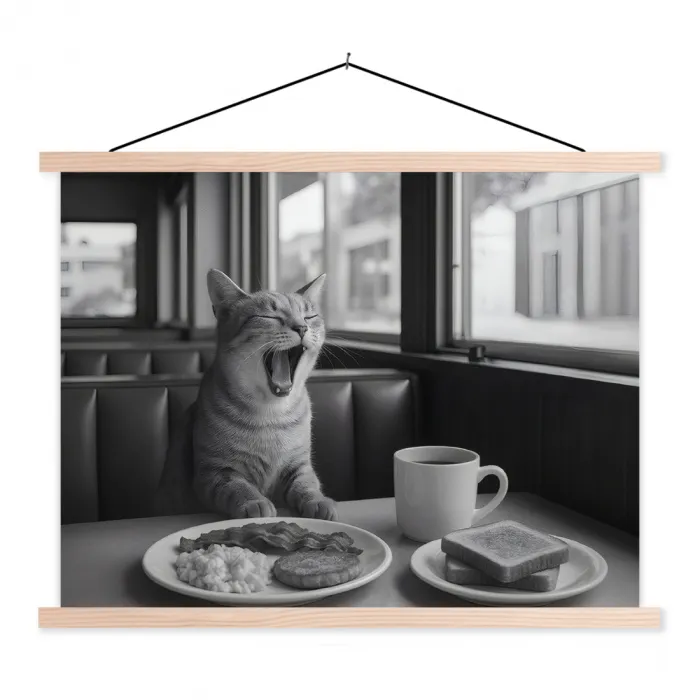 Kat - Koffie - Brood - Zwart textielposter latten blank klein -3d