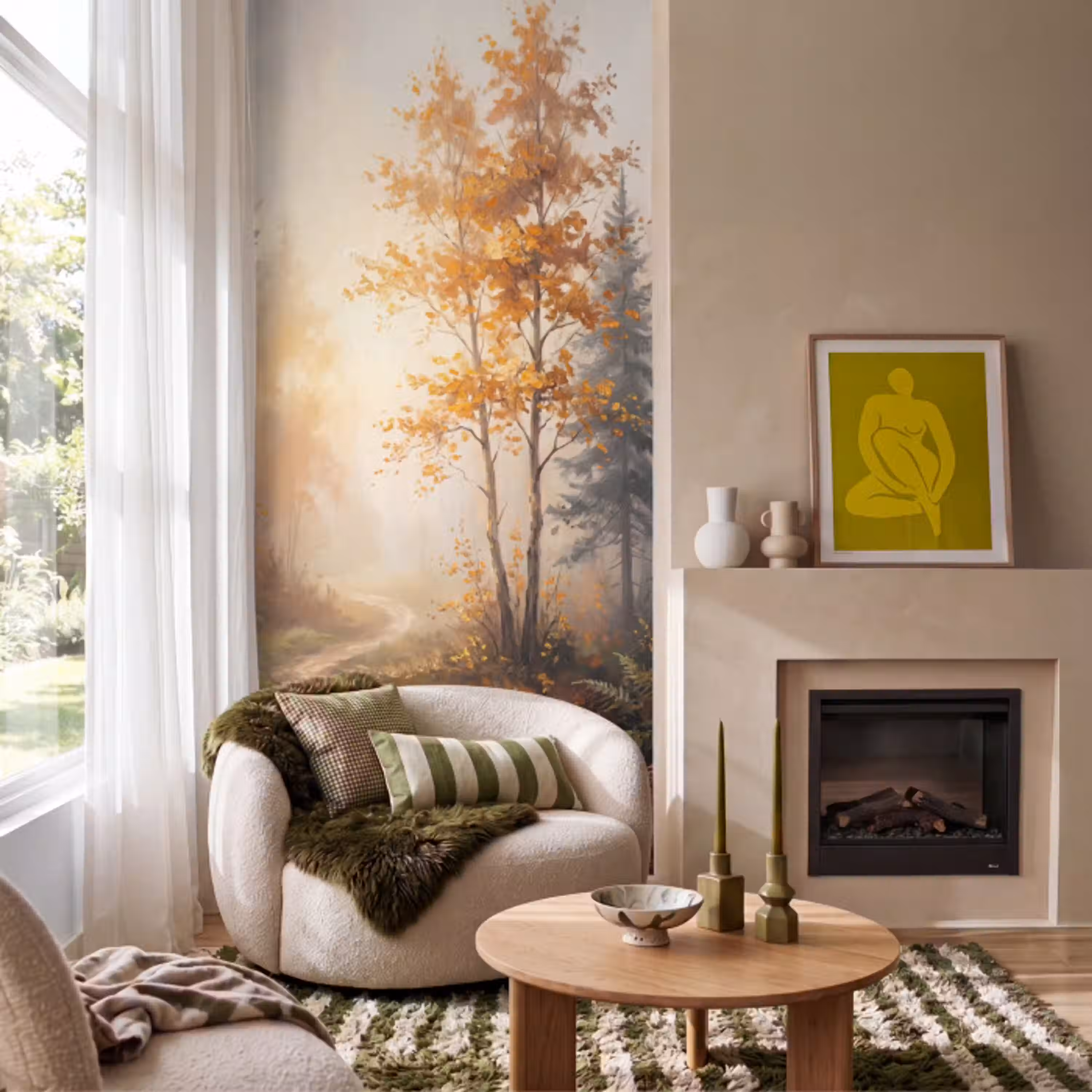 Bospad - Herfstbladeren - Natuur - Schilderachtig - Oranje Behang Vlies klein -sfeer2