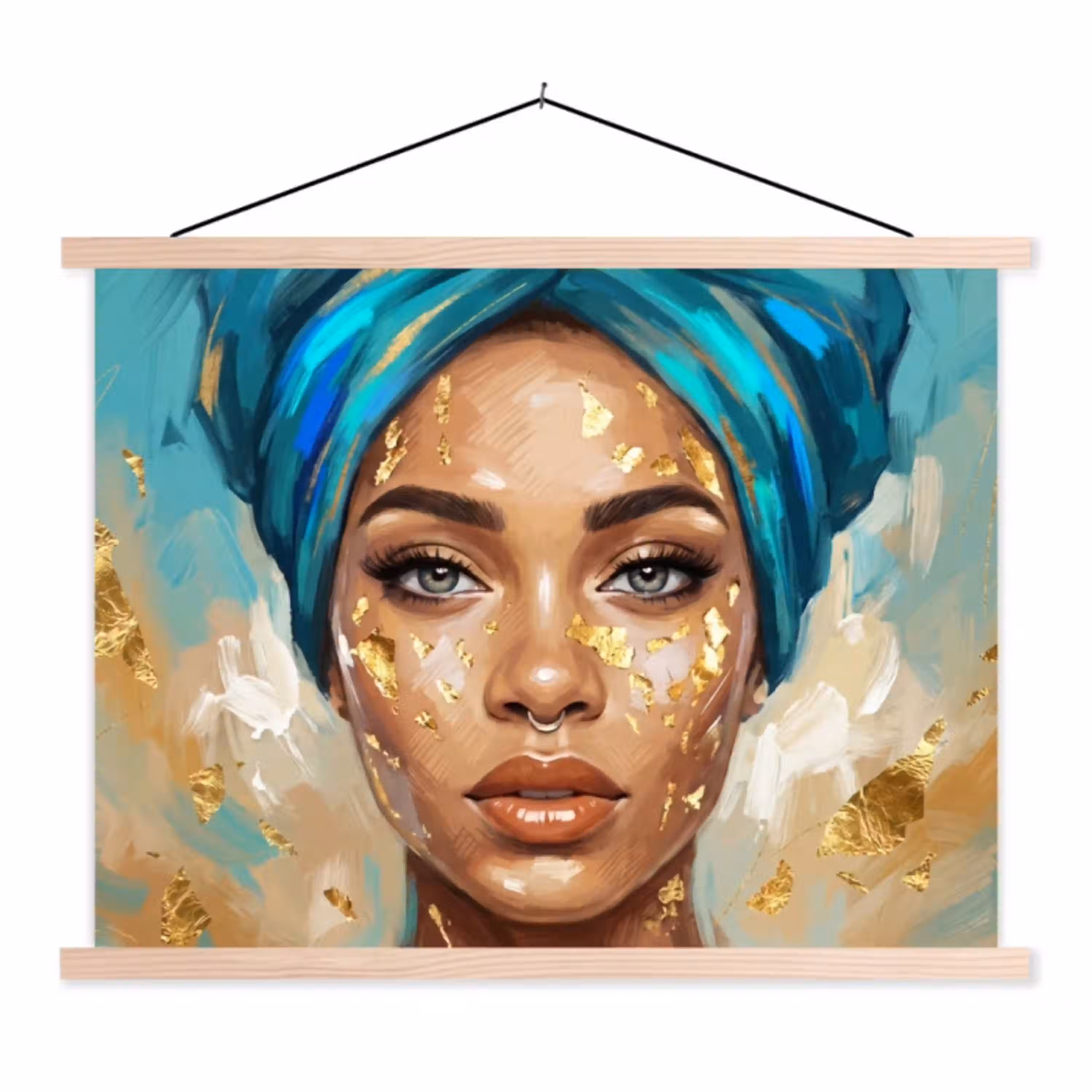 Portret - Vrouw - Schilderij - Blauw - Goud - Expressief textielposter latten blank klein -3d